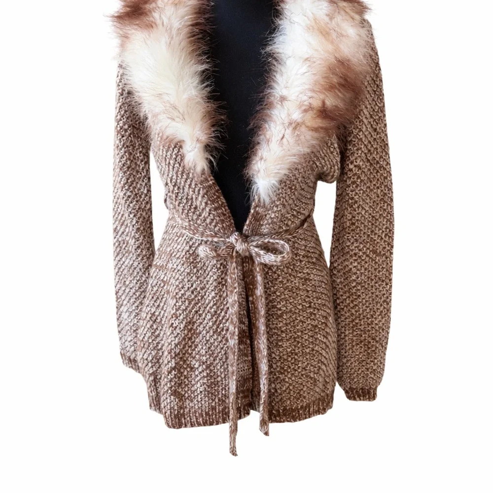 Oona & Maud Brown Wrap Cardigan Sweater Removable Faux Fur Collar Size S